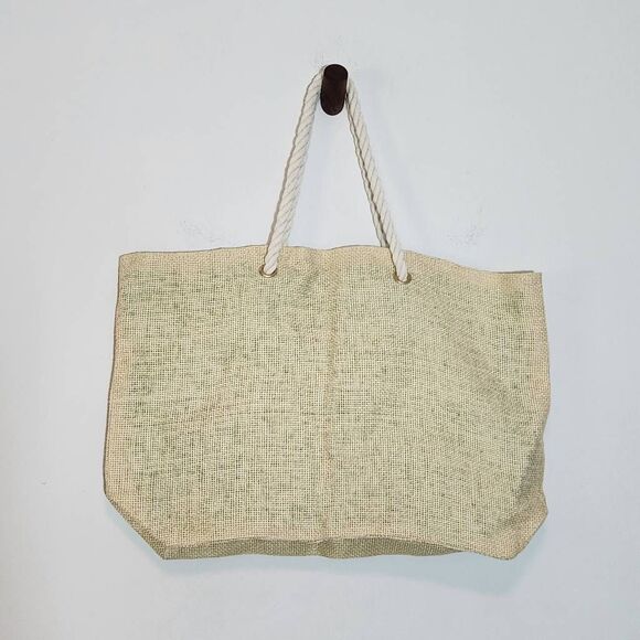 Pier27 Oceanholic Cream and Green Beach Bag with Rope Handle Natural Beach Bag - Picture 4 of 7